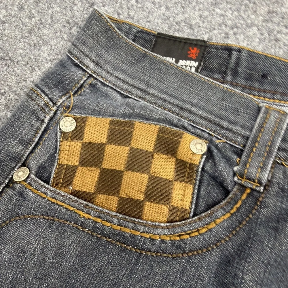 Vtg Y2K Imperious Delf Trading Men Grey Jeans 38x32 Checkerboard Flap Rhinestone